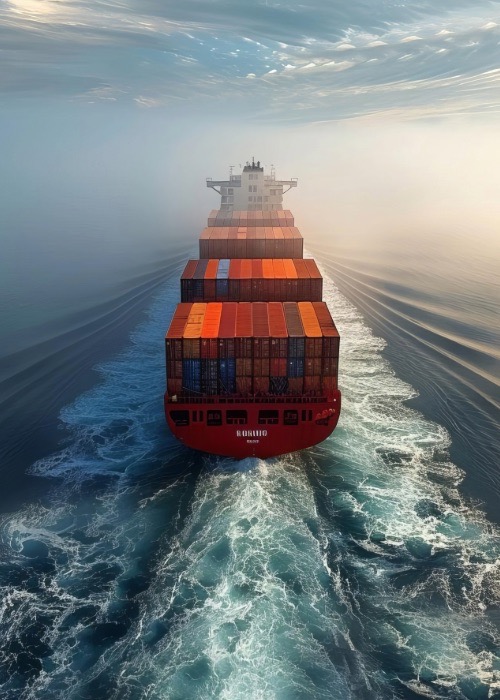 Image of a container ship sailing for the FUELEU maritime regulation and Kickster Marketplace