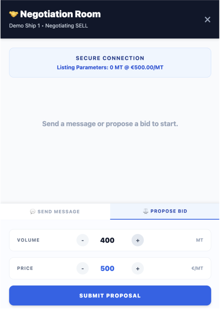 Image of KICKSTER FUELEU MARKETPLACE overview of the negotiation room where you could send message or propose bid